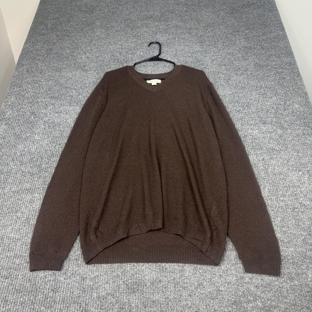 John W Nordstrom Sweater Mens XL Brown Cashmere Pullover Ribbed Trim V-Neck
